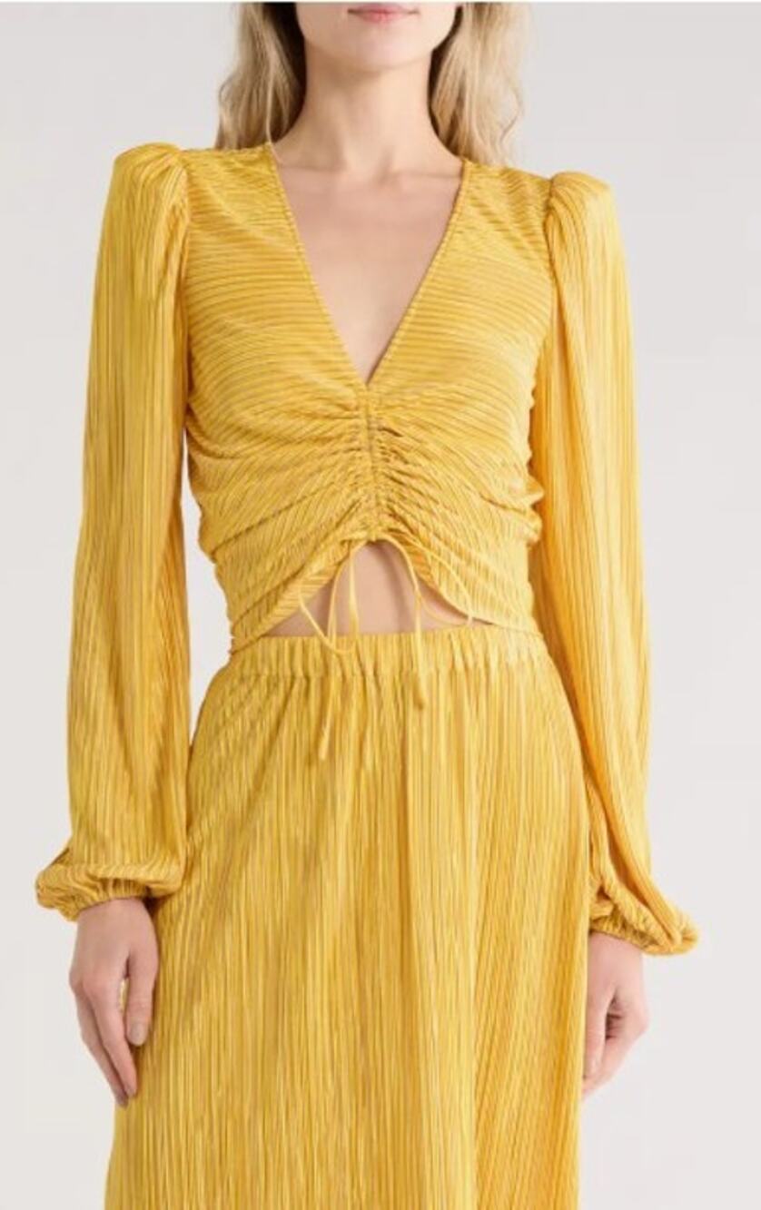 Ramy Brook 2-Piece Pleated Shimmer Set, Crop Top & Gwendolyn Maxi Skirt- Yellow